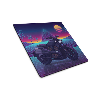 Sportster S Inspired Black Purple Vaporwave Gaming Mouse Pad – Neon Palm Sunset Grid Desk Mat, Retro Futuristic Cruiser Digital Art