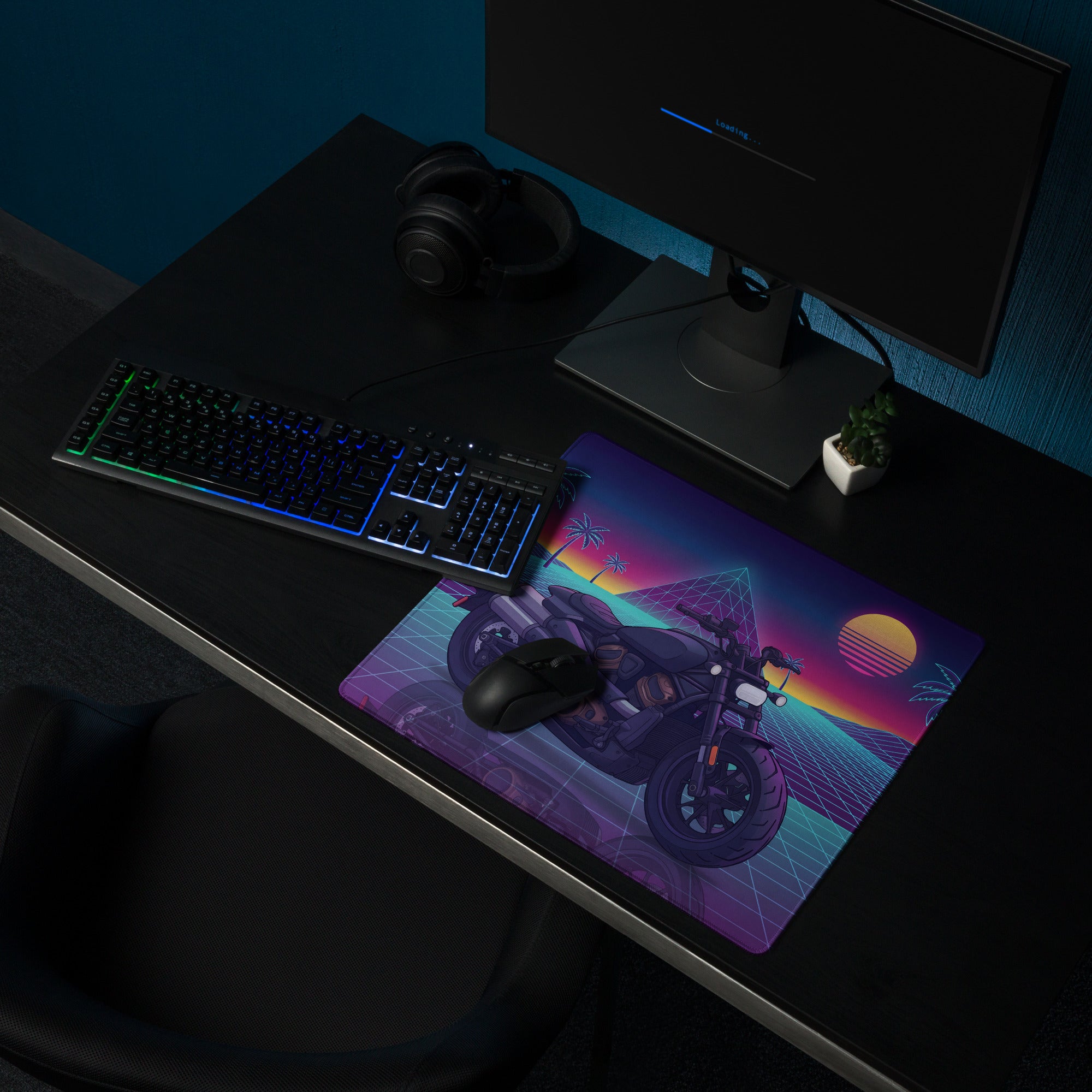 Sportster S Inspired Black Purple Vaporwave Gaming Mouse Pad – Neon Palm Sunset Grid Desk Mat, Retro Futuristic Cruiser Digital Art