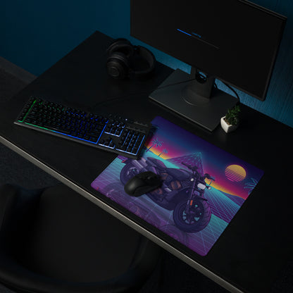 Sportster S Inspired Black Purple Vaporwave Gaming Mouse Pad – Neon Palm Sunset Grid Desk Mat, Retro Futuristic Cruiser Digital Art