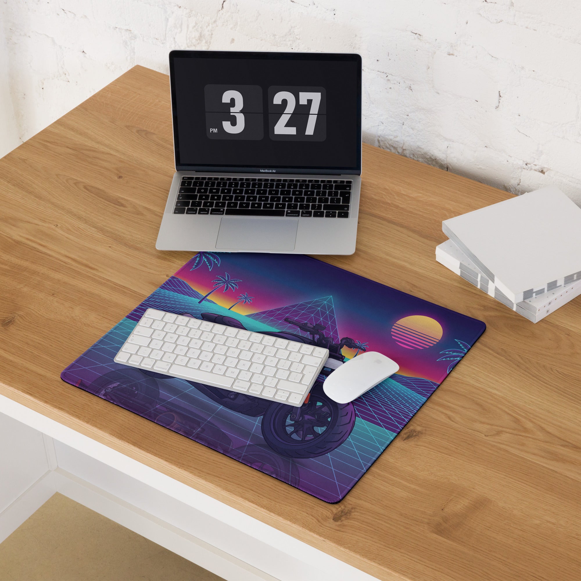 Sportster S Inspired Black Purple Vaporwave Gaming Mouse Pad – Neon Palm Sunset Grid Desk Mat, Retro Futuristic Cruiser Digital Art