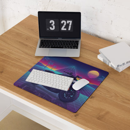 Sportster S Inspired Black Purple Vaporwave Gaming Mouse Pad – Neon Palm Sunset Grid Desk Mat, Retro Futuristic Cruiser Digital Art