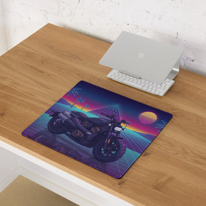 Sportster S Inspired Black Purple Vaporwave Gaming Mouse Pad – Neon Palm Sunset Grid Desk Mat, Retro Futuristic Cruiser Digital Art