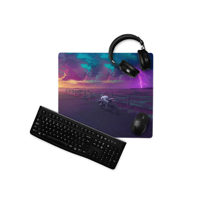 BMW R nineT Inspired Silver Purple Vaporwave Gaming Mouse Pad – Stormy Sunset Road Desk Mat, Neon Lightning Café Racer Digital Art