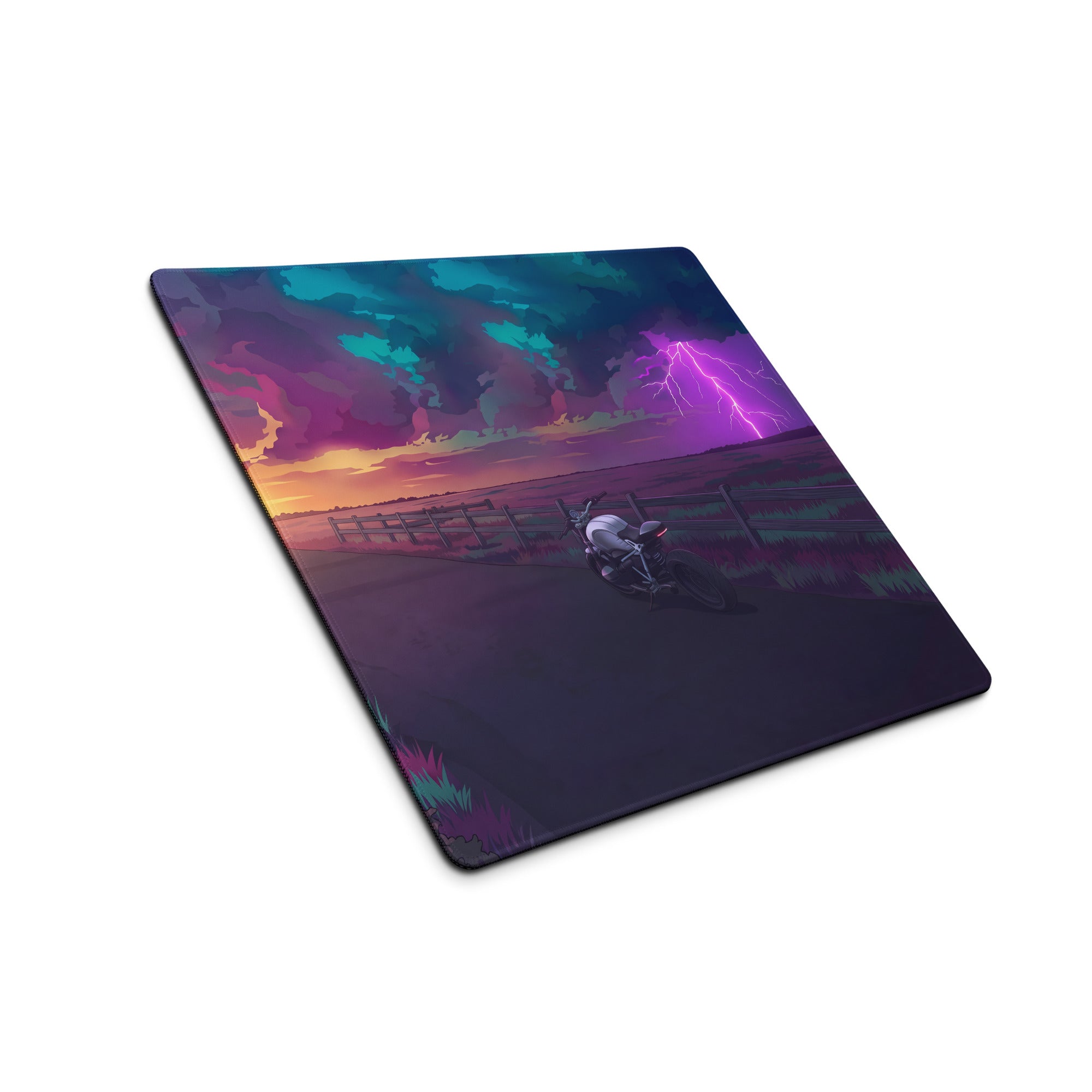 BMW R nineT Inspired Silver Purple Vaporwave Gaming Mouse Pad – Stormy Sunset Road Desk Mat, Neon Lightning Café Racer Digital Art