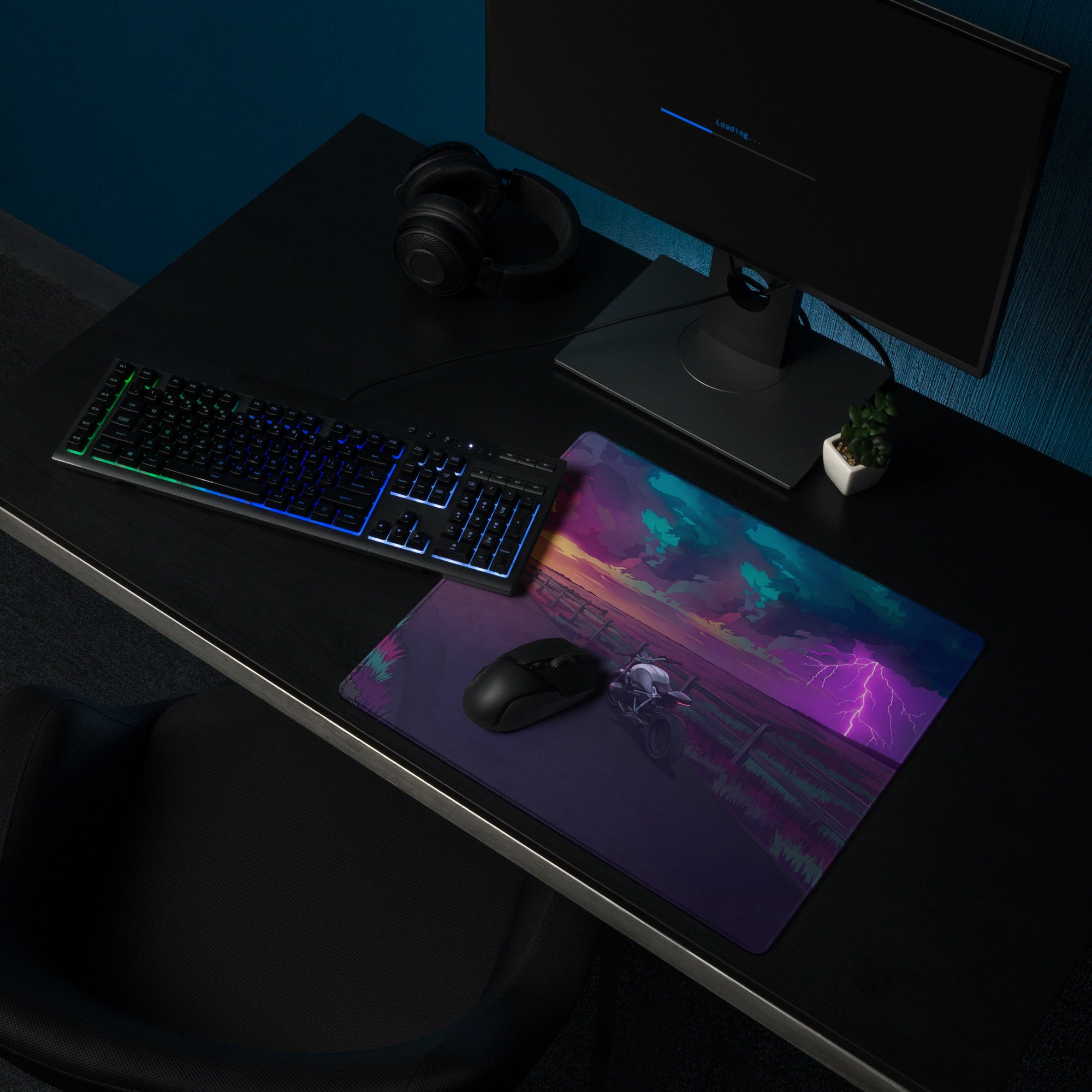 BMW R nineT Inspired Silver Purple Vaporwave Gaming Mouse Pad – Stormy Sunset Road Desk Mat, Neon Lightning Café Racer Digital Art