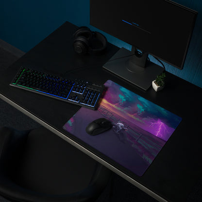 BMW R nineT Inspired Silver Purple Vaporwave Gaming Mouse Pad – Stormy Sunset Road Desk Mat, Neon Lightning Café Racer Digital Art