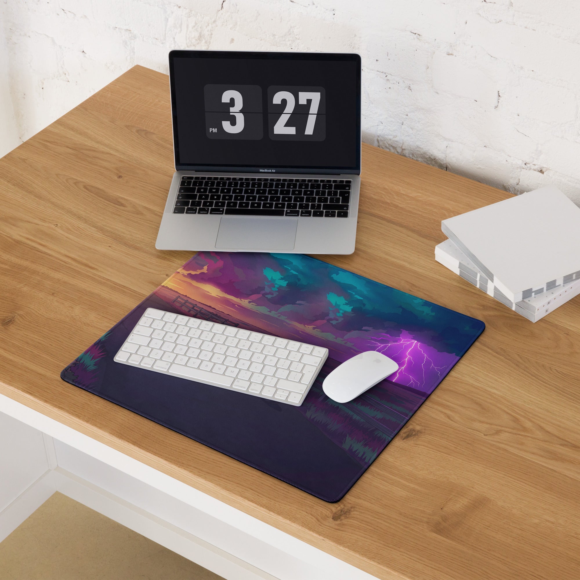 BMW R nineT Inspired Silver Purple Vaporwave Gaming Mouse Pad – Stormy Sunset Road Desk Mat, Neon Lightning Café Racer Digital Art