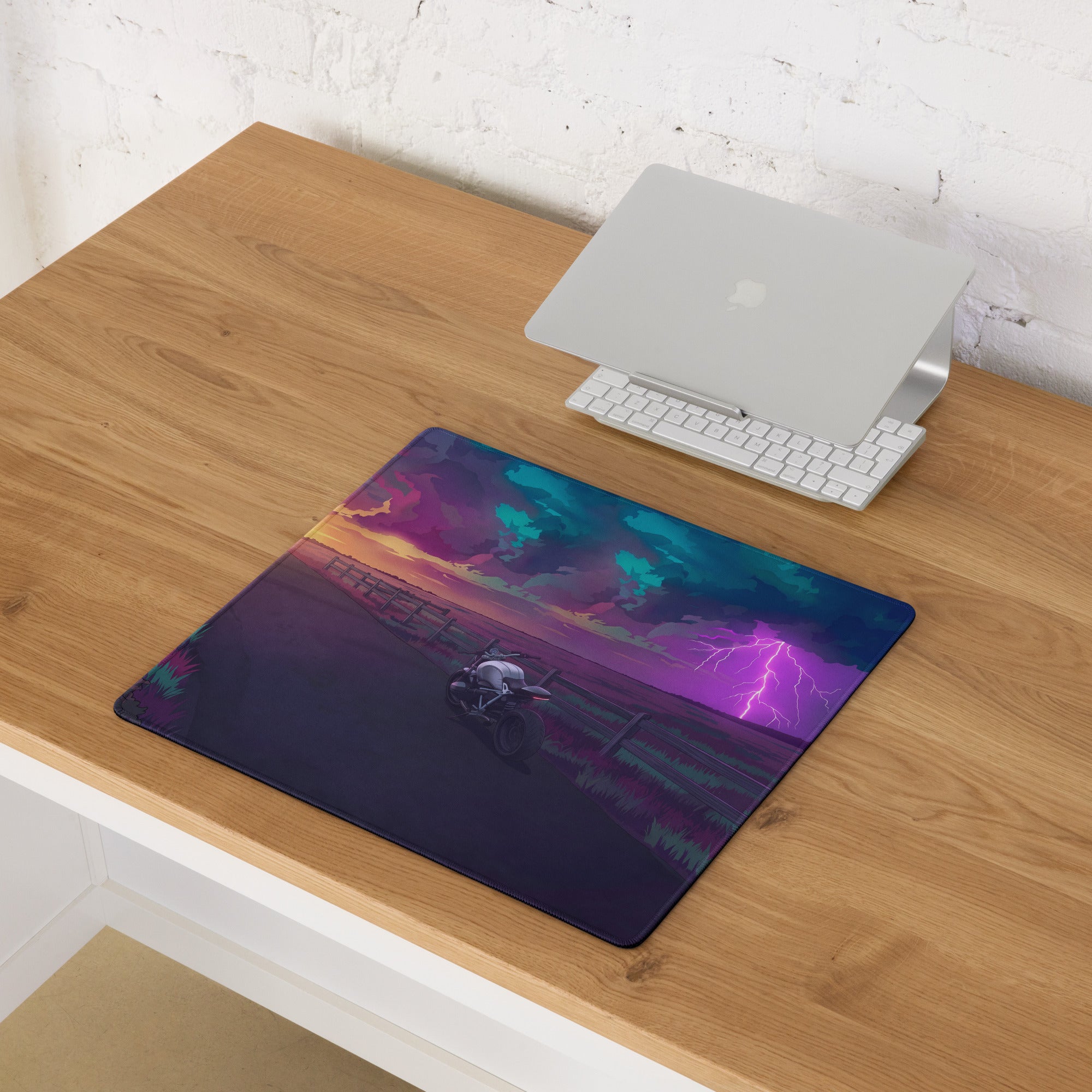 BMW R nineT Inspired Silver Purple Vaporwave Gaming Mouse Pad – Stormy Sunset Road Desk Mat, Neon Lightning Café Racer Digital Art