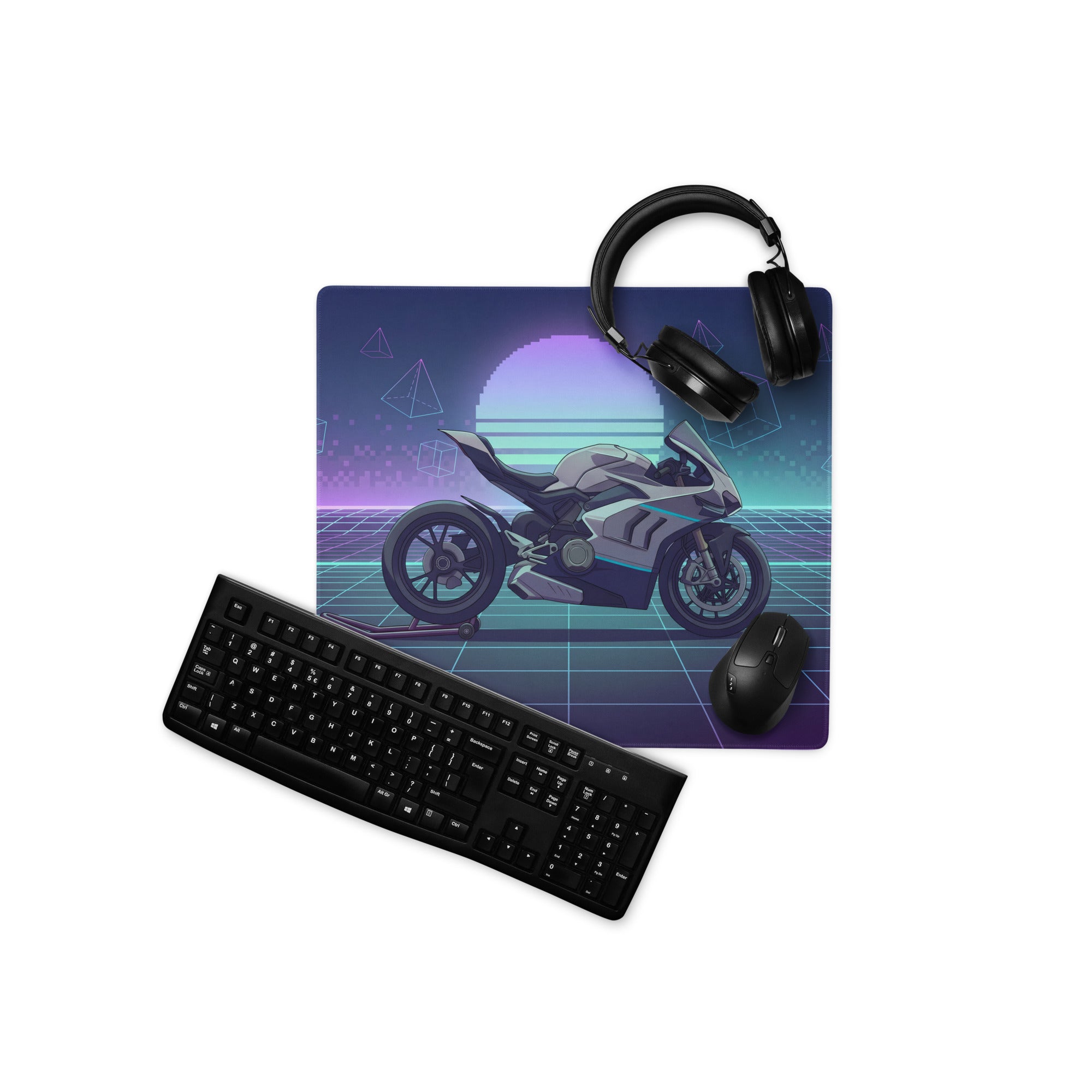 Ducati Panigale V4 Inspired Silver Blue Vaporwave Gaming Mouse Pad – Neon Grid Desk Mat, Retro Futuristic Synthwave Superbike Digital Art