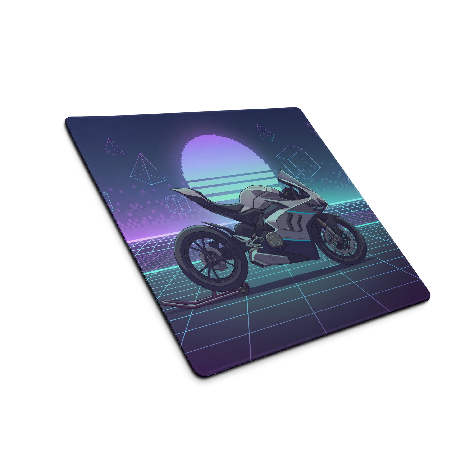 Ducati Panigale V4 Inspired Silver Blue Vaporwave Gaming Mouse Pad – Neon Grid Desk Mat, Retro Futuristic Synthwave Superbike Digital Art