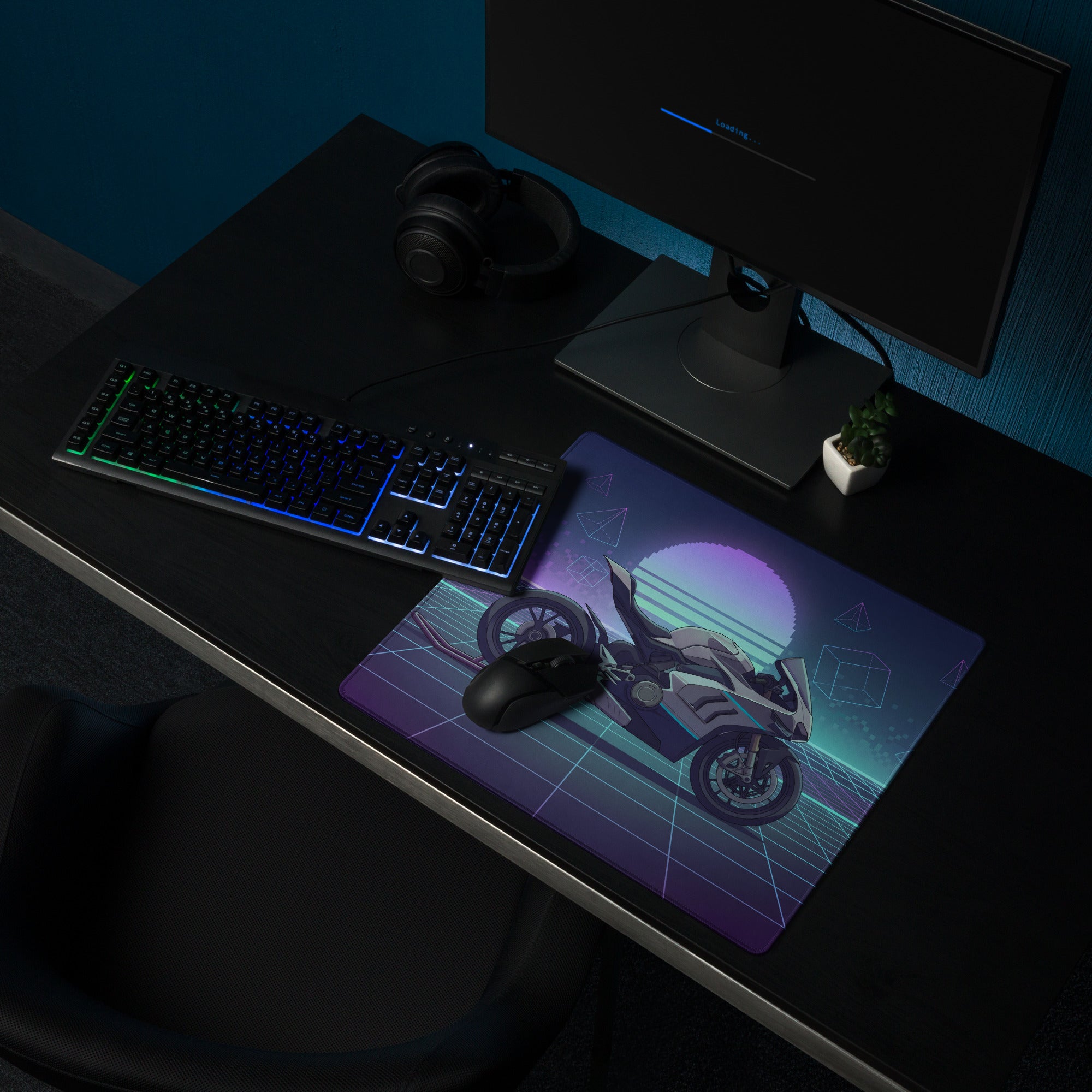 Ducati Panigale V4 Inspired Silver Blue Vaporwave Gaming Mouse Pad – Neon Grid Desk Mat, Retro Futuristic Synthwave Superbike Digital Art