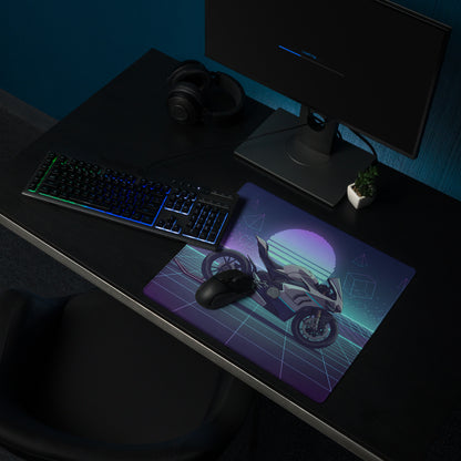Ducati Panigale V4 Inspired Silver Blue Vaporwave Gaming Mouse Pad – Neon Grid Desk Mat, Retro Futuristic Synthwave Superbike Digital Art