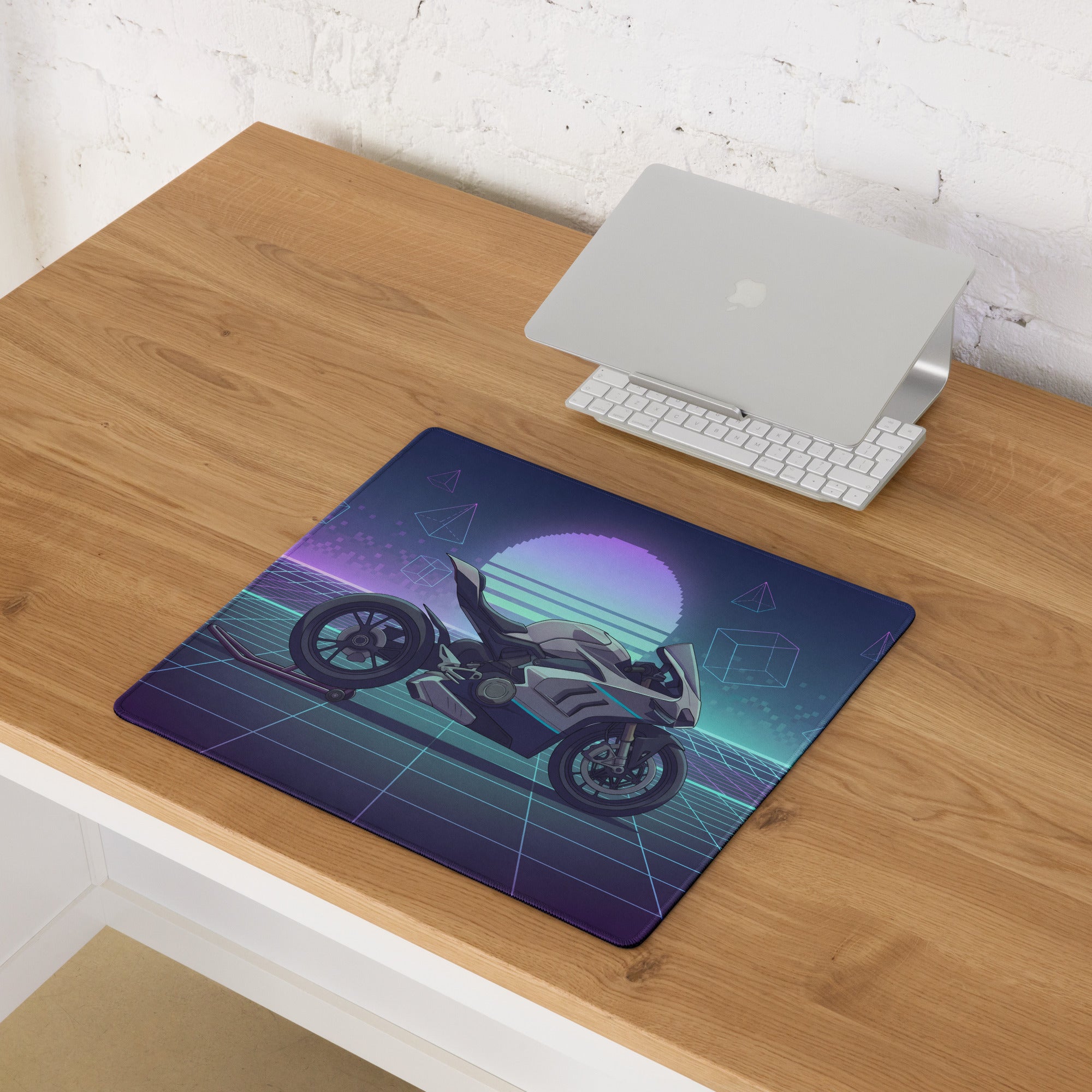 Ducati Panigale V4 Inspired Silver Blue Vaporwave Gaming Mouse Pad – Neon Grid Desk Mat, Retro Futuristic Synthwave Superbike Digital Art