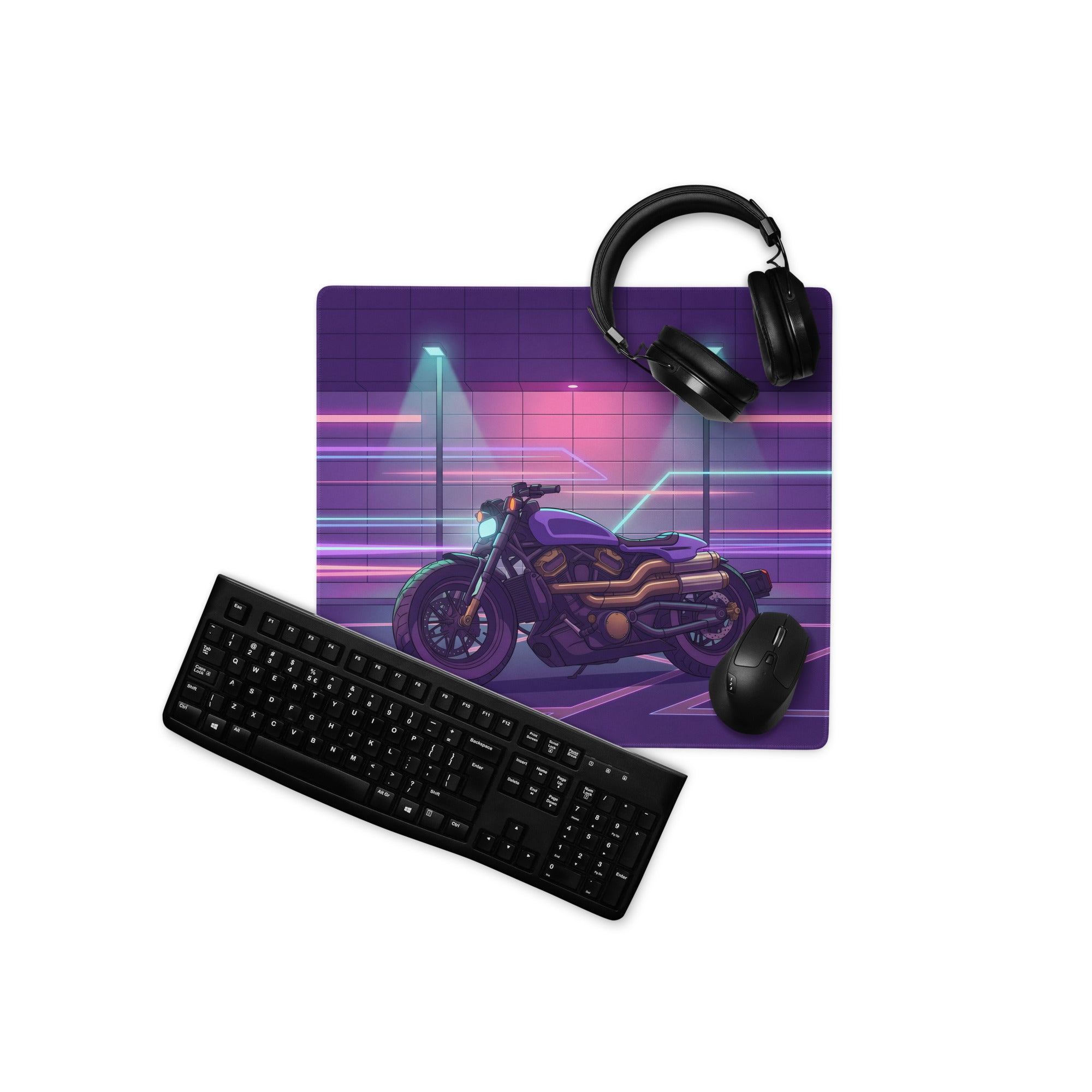 Sportster S Inspired Purple Gold Vaporwave Gaming Mouse Pad – Neon Cyber Garage Desk Mat, Retro Futuristic Cruiser Digital Art
