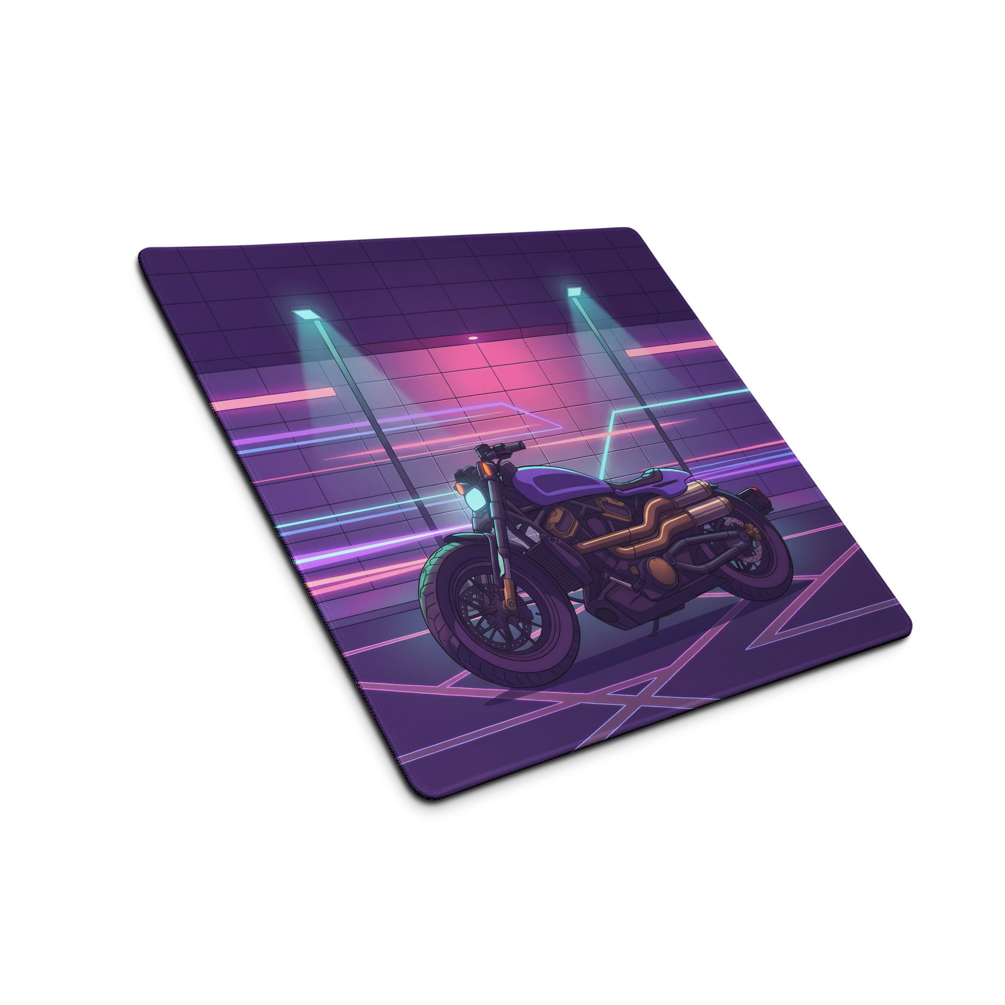 Sportster S Inspired Purple Gold Vaporwave Gaming Mouse Pad – Neon Cyber Garage Desk Mat, Retro Futuristic Cruiser Digital Art