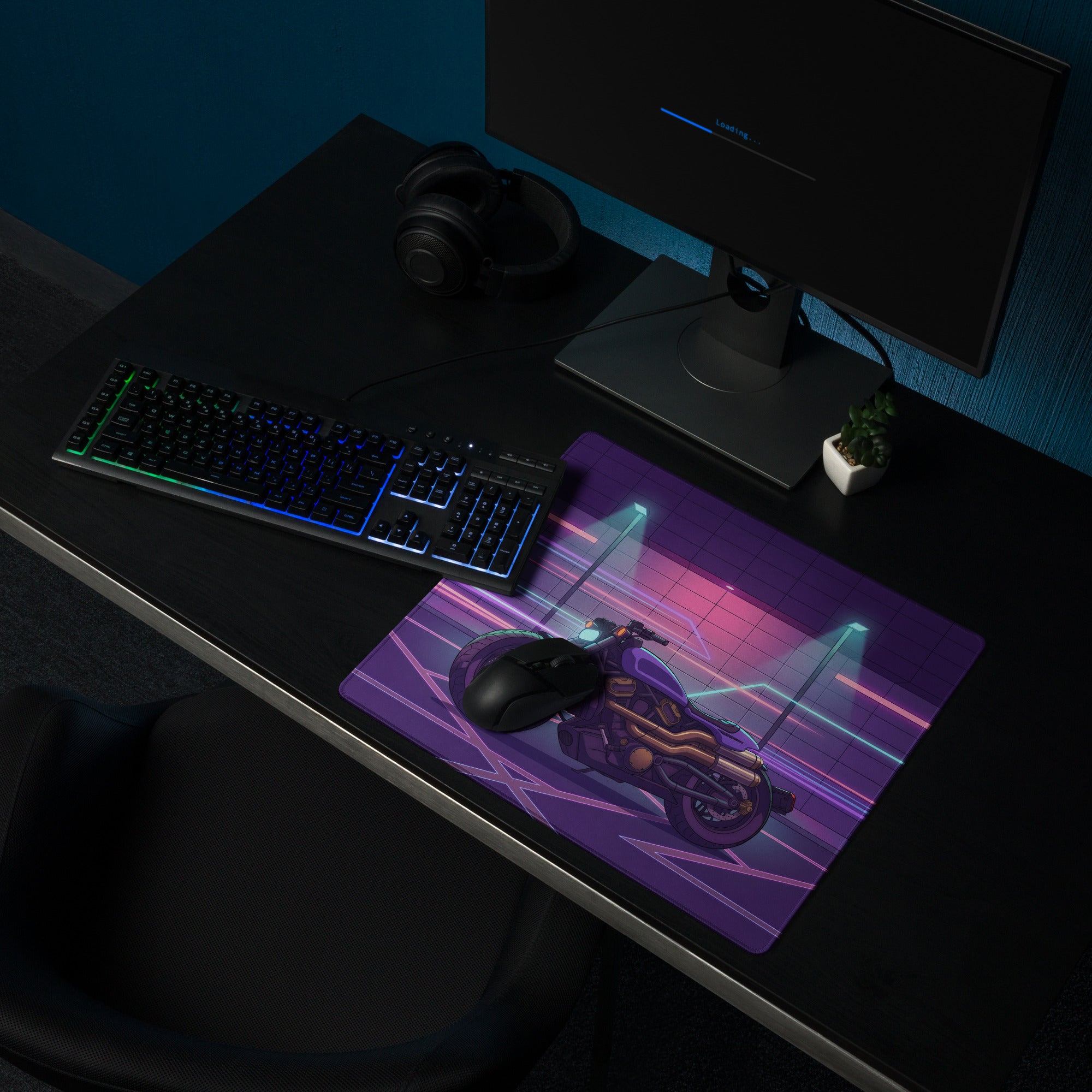 Sportster S Inspired Purple Gold Vaporwave Gaming Mouse Pad – Neon Cyber Garage Desk Mat, Retro Futuristic Cruiser Digital Art