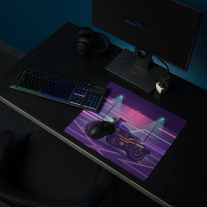 Sportster S Inspired Purple Gold Vaporwave Gaming Mouse Pad – Neon Cyber Garage Desk Mat, Retro Futuristic Cruiser Digital Art