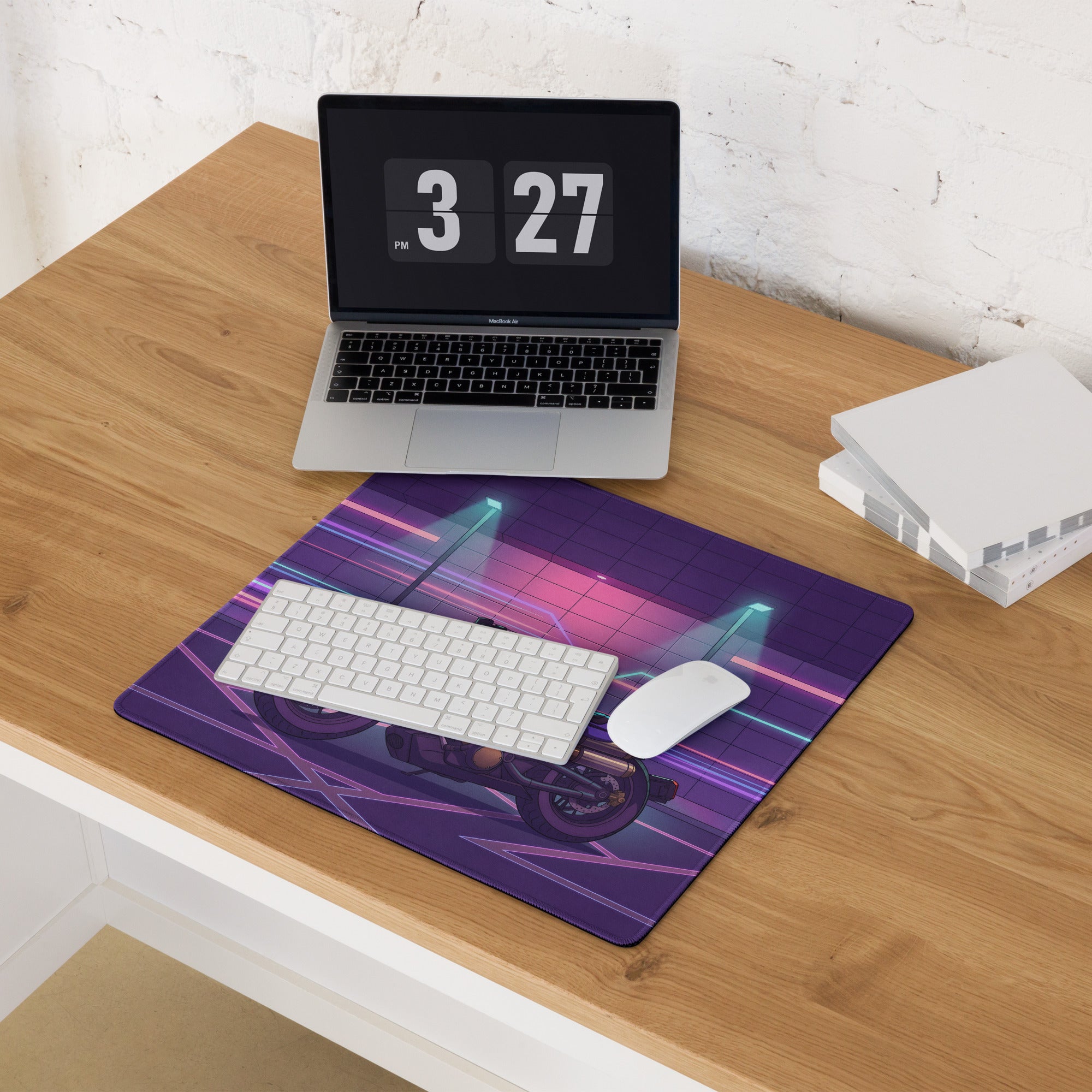 Sportster S Inspired Purple Gold Vaporwave Gaming Mouse Pad – Neon Cyber Garage Desk Mat, Retro Futuristic Cruiser Digital Art