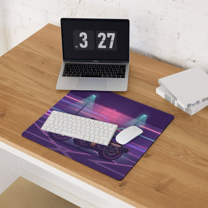 Sportster S Inspired Purple Gold Vaporwave Gaming Mouse Pad – Neon Cyber Garage Desk Mat, Retro Futuristic Cruiser Digital Art