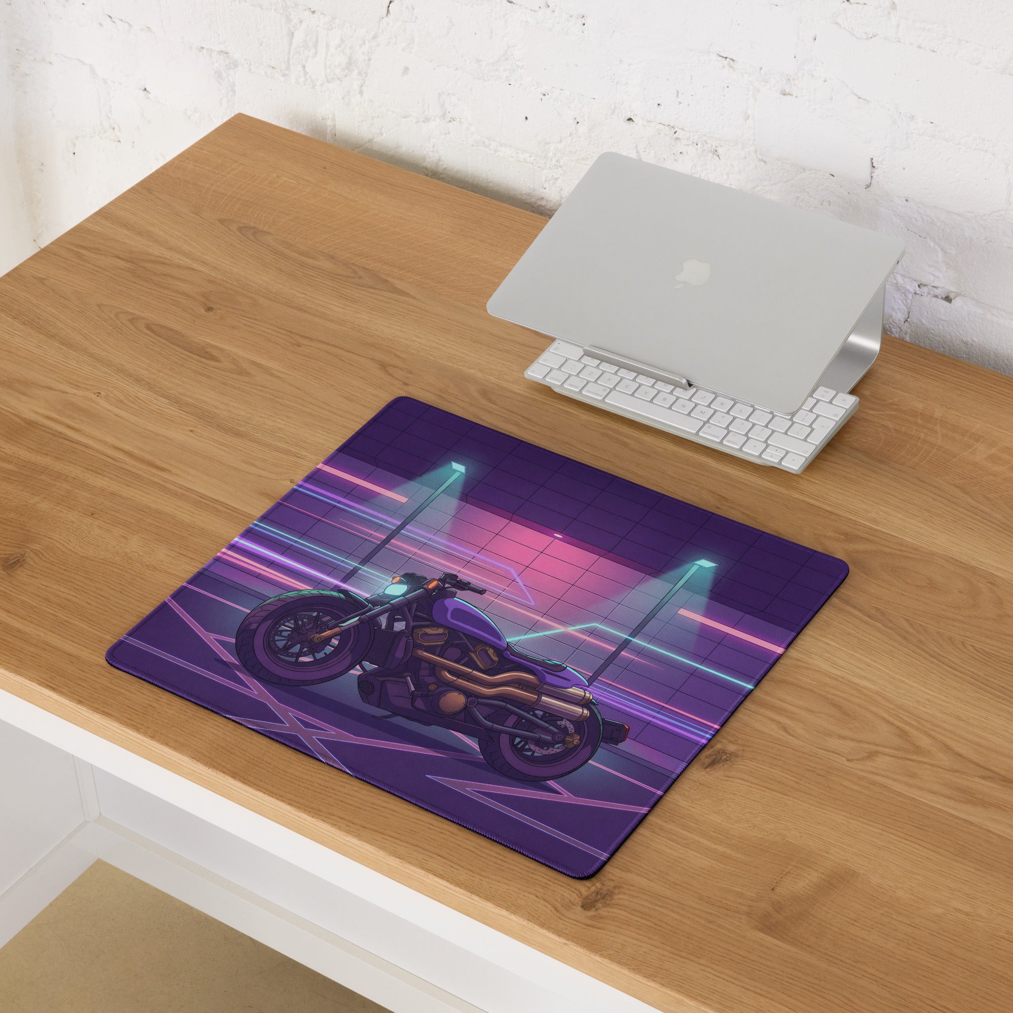 Sportster S Inspired Purple Gold Vaporwave Gaming Mouse Pad – Neon Cyber Garage Desk Mat, Retro Futuristic Cruiser Digital Art