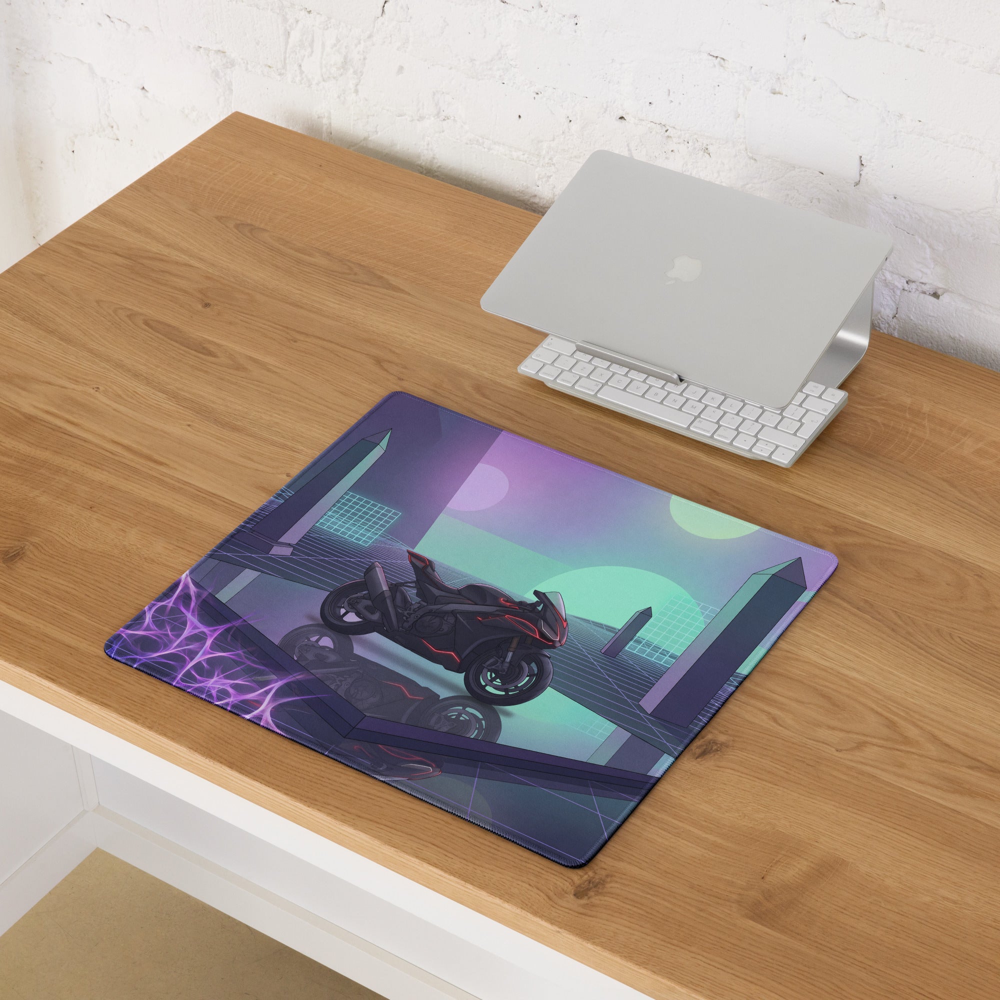 Aprilia RSV4 1100 Inspired Black Pink Vaporwave Gaming Mouse Pad – Neon Geometric Grid Desk Mat, Retro Futuristic Synthwave Superbike Digital Art