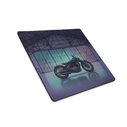 Royal Enfield Concept KX Inspired Blue Purple Vaporwave Gaming Mouse Pad – Moody Neon Garage Desk Mat, Retro Futuristic Bobber Motorcycle Digital Art