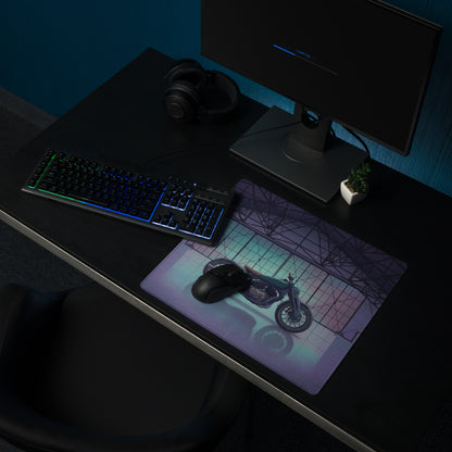Royal Enfield Concept KX Inspired Blue Purple Vaporwave Gaming Mouse Pad – Moody Neon Garage Desk Mat, Retro Futuristic Bobber Motorcycle Digital Art