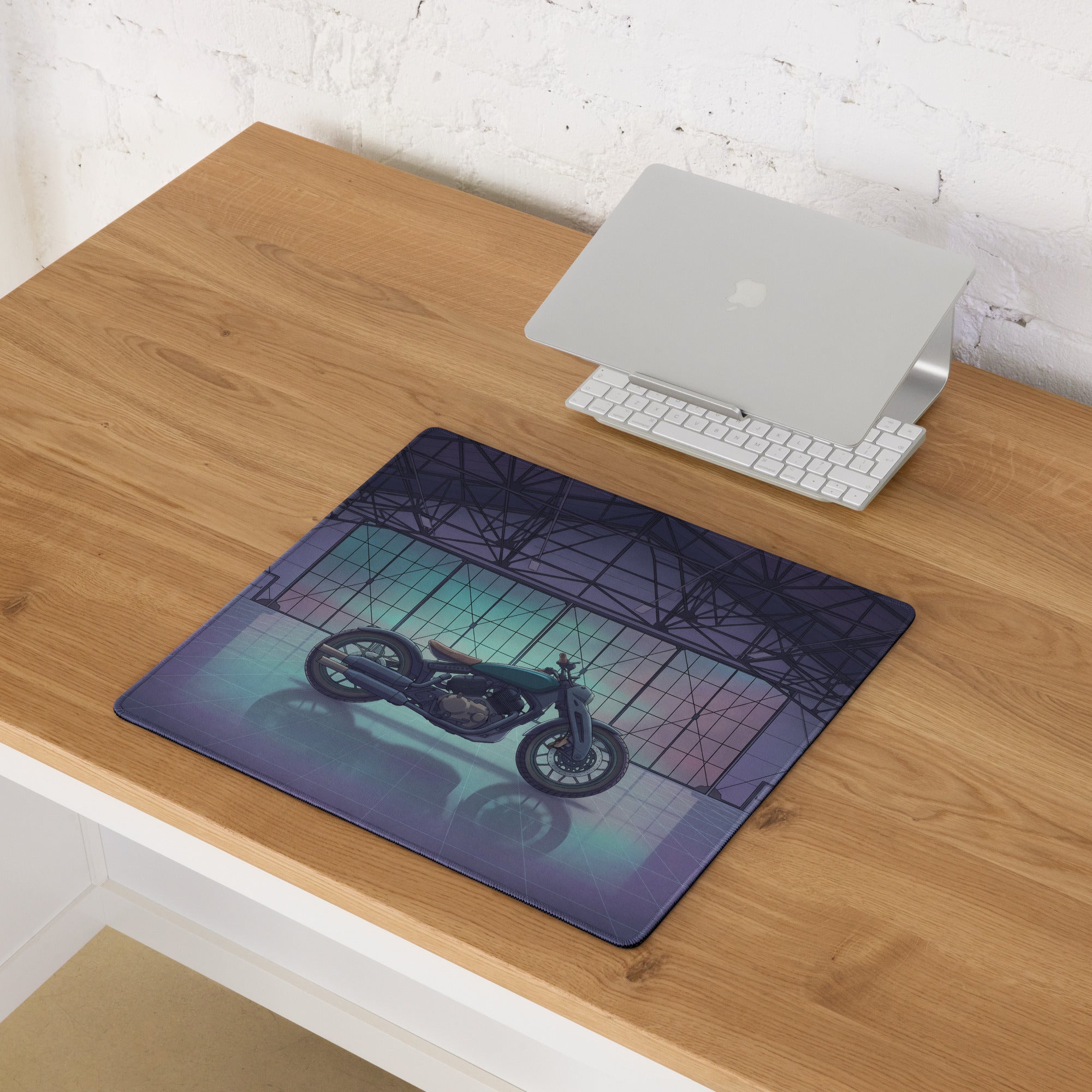 Royal Enfield Concept KX Inspired Blue Purple Vaporwave Gaming Mouse Pad – Moody Neon Garage Desk Mat, Retro Futuristic Bobber Motorcycle Digital Art