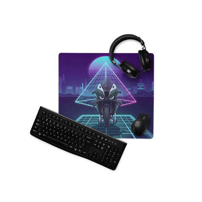 BMW M1000RR Inspired White Teal Vaporwave Gaming Mouse Pad – Neon Cyber City Desk Mat, Retro Futuristic Synthwave Sportbike Digital Art