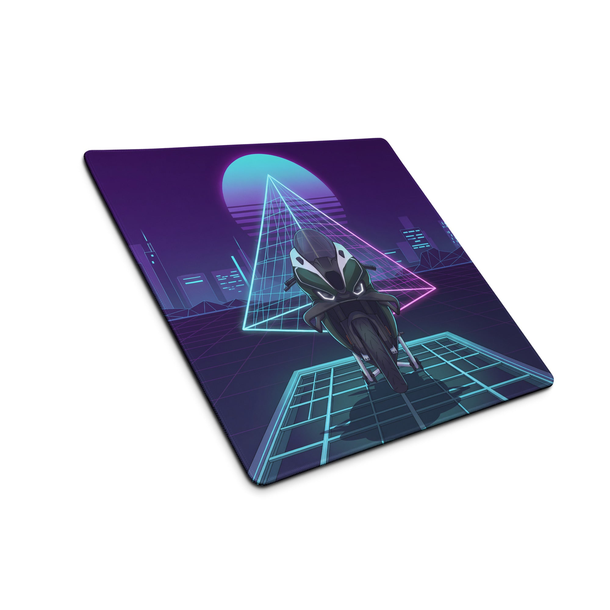 BMW M1000RR Inspired White Teal Vaporwave Gaming Mouse Pad – Neon Cyber City Desk Mat, Retro Futuristic Synthwave Sportbike Digital Art