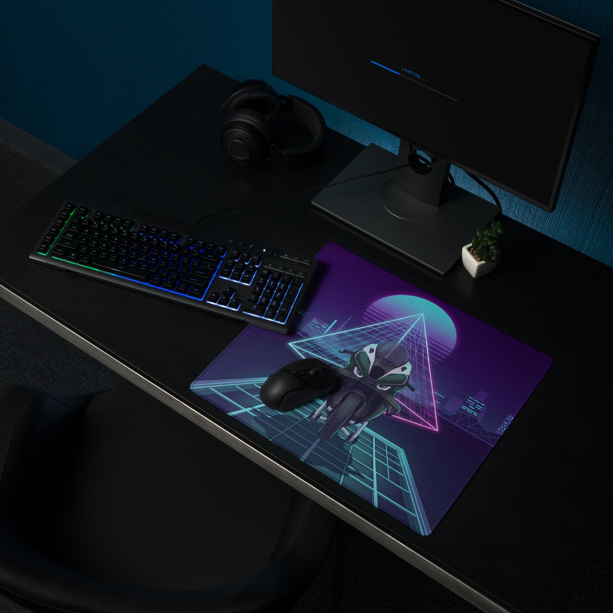 BMW M1000RR Inspired White Teal Vaporwave Gaming Mouse Pad – Neon Cyber City Desk Mat, Retro Futuristic Synthwave Sportbike Digital Art