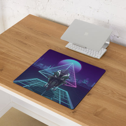 BMW M1000RR Inspired White Teal Vaporwave Gaming Mouse Pad – Neon Cyber City Desk Mat, Retro Futuristic Synthwave Sportbike Digital Art