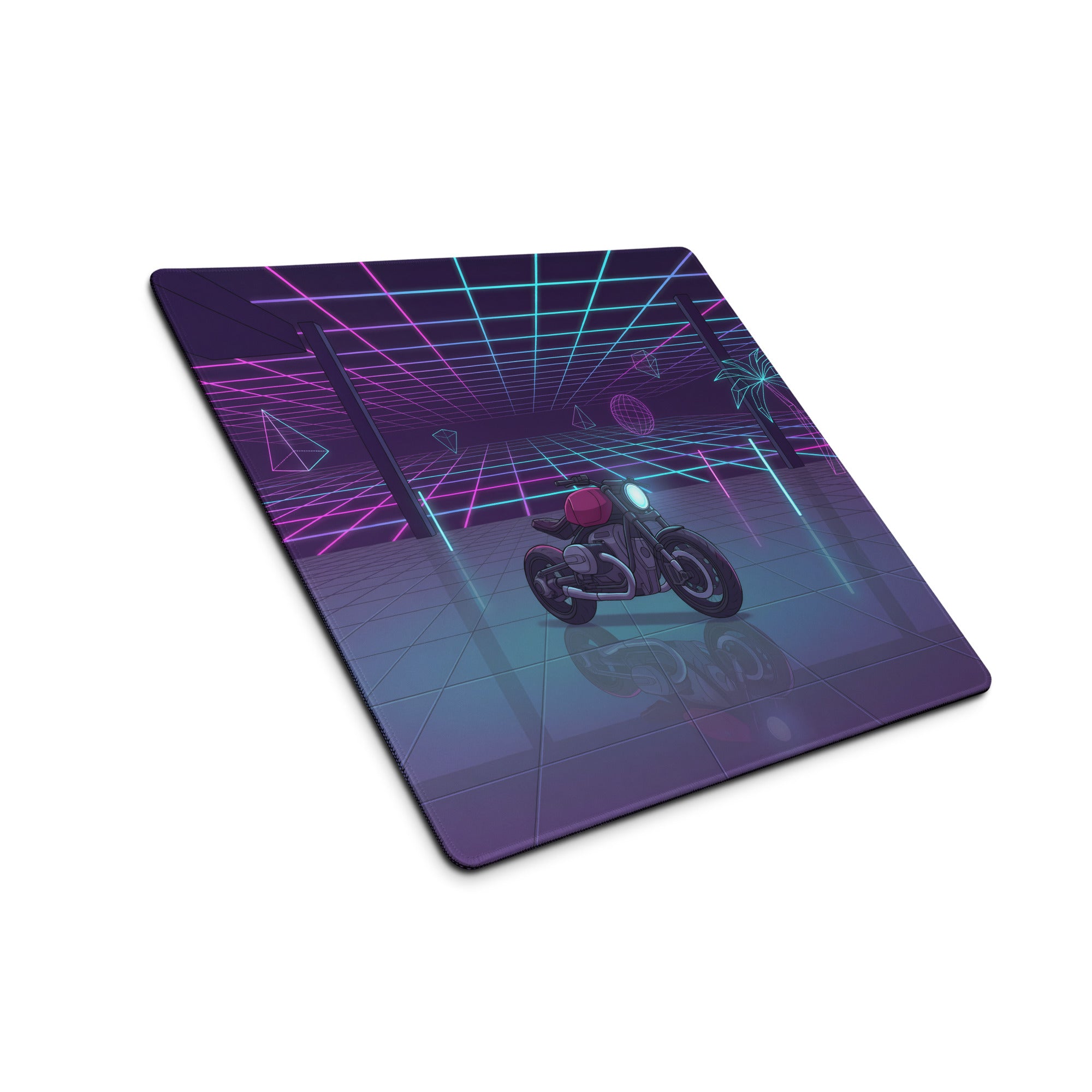 BMW R nineT Inspired Purple Cyan Vaporwave Gaming Mouse Pad – Neon Grid Garage Desk Mat, Retro Futuristic Roadster Motorcycle Digital Art