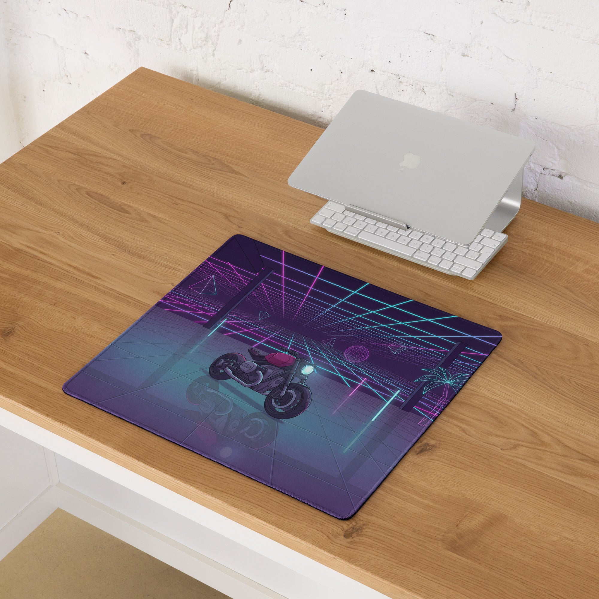 BMW R nineT Inspired Purple Cyan Vaporwave Gaming Mouse Pad – Neon Grid Garage Desk Mat, Retro Futuristic Roadster Motorcycle Digital Art