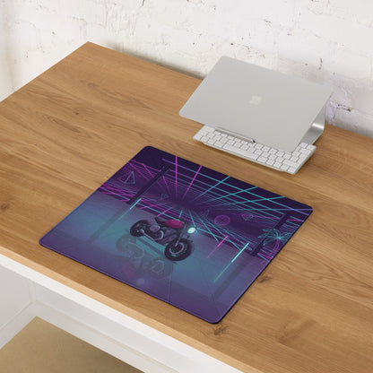 BMW R nineT Inspired Purple Cyan Vaporwave Gaming Mouse Pad – Neon Grid Garage Desk Mat, Retro Futuristic Roadster Motorcycle Digital Art