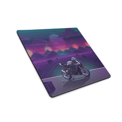 Yamaha R1M Inspired Silver Purple Vaporwave Gaming Mouse Pad – Neon Sunset Grid Desk Mat, Retro Futuristic Supersport Motorcycle Digital Art