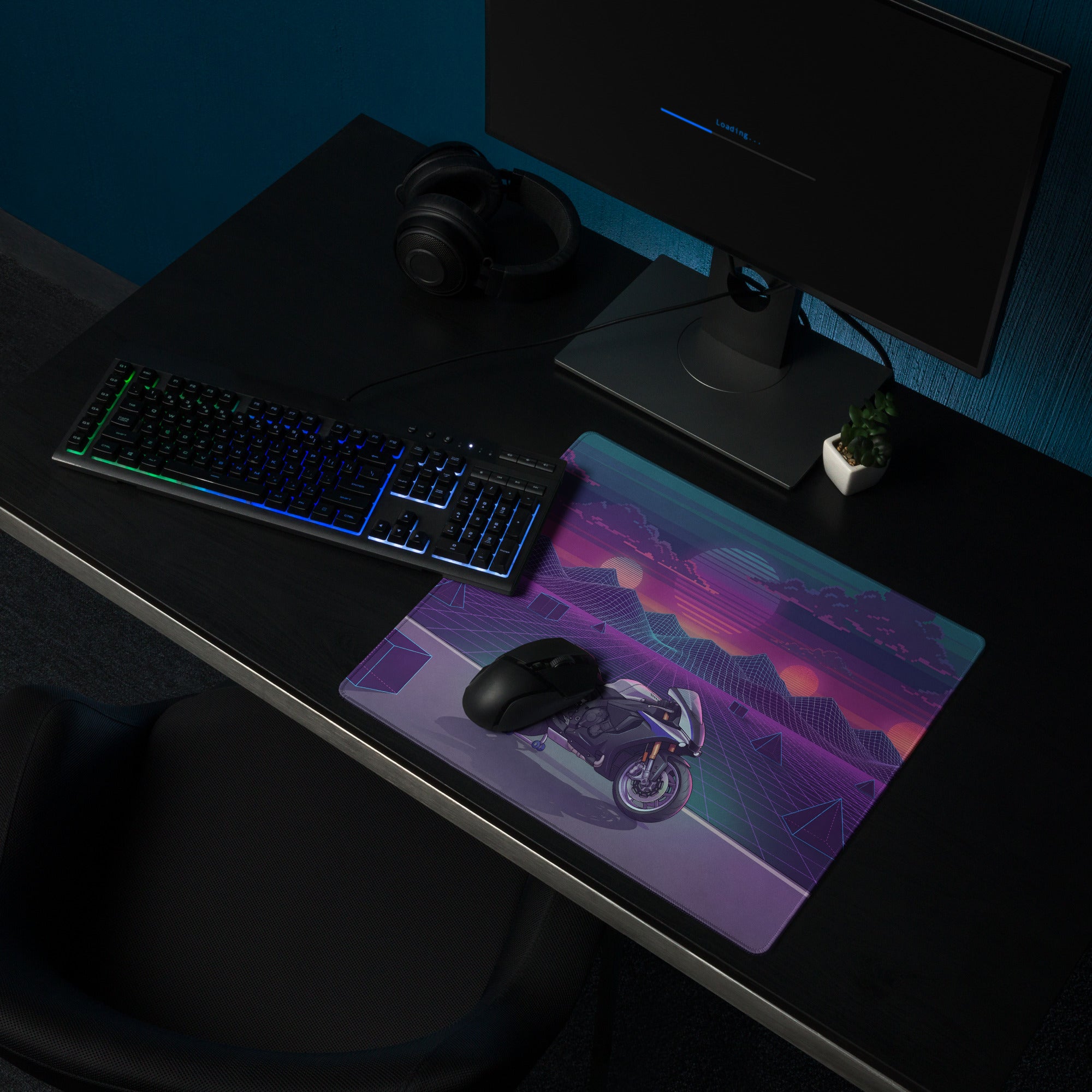Yamaha R1M Inspired Silver Purple Vaporwave Gaming Mouse Pad – Neon Sunset Grid Desk Mat, Retro Futuristic Supersport Motorcycle Digital Art