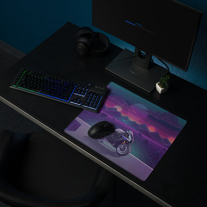 Yamaha R1M Inspired Silver Purple Vaporwave Gaming Mouse Pad – Neon Sunset Grid Desk Mat, Retro Futuristic Supersport Motorcycle Digital Art
