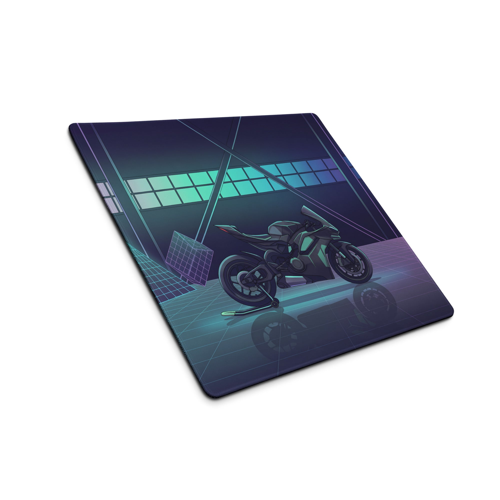 Ducati Panigale V4S Inspired Teal Purple Vaporwave Gaming Mouse Pad – Neon Grid Garage Desk Mat, Retro Futuristic Superbike Digital Art