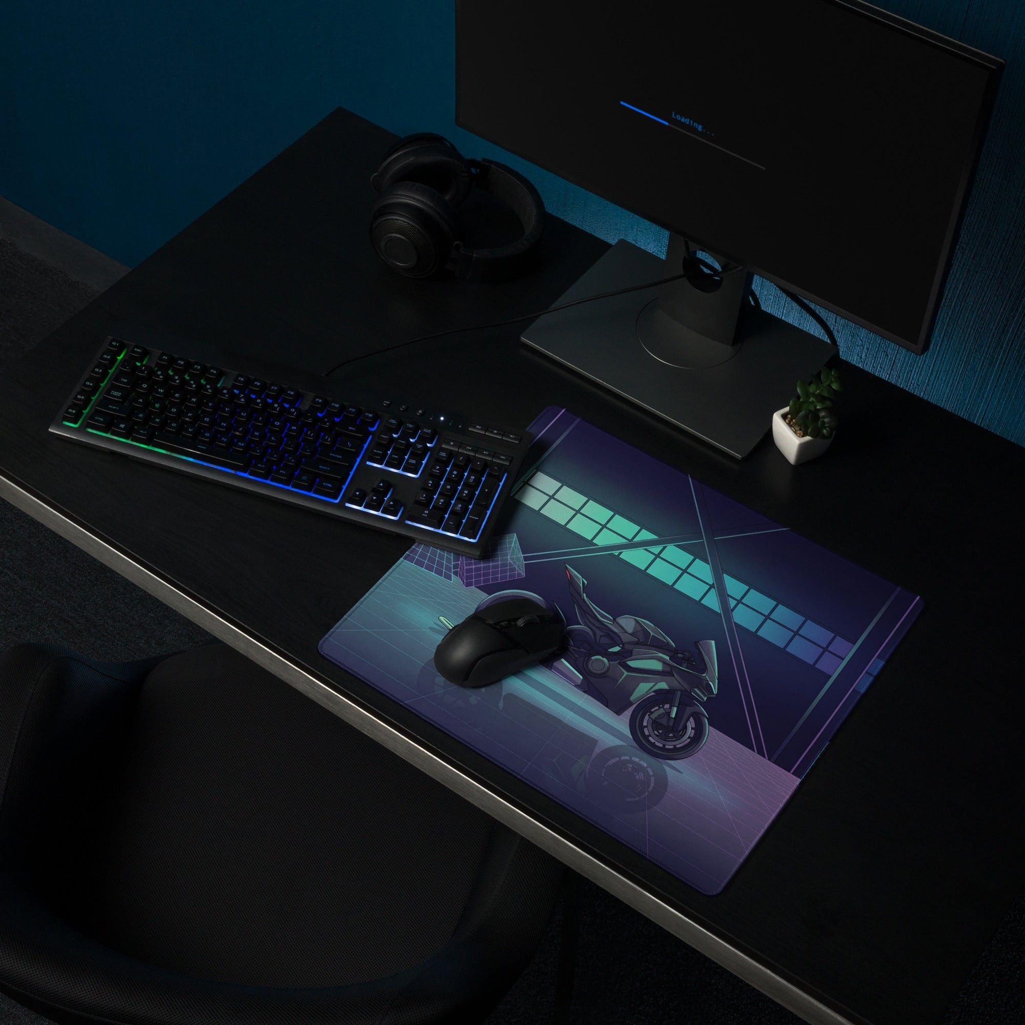 Ducati Panigale V4S Inspired Teal Purple Vaporwave Gaming Mouse Pad – Neon Grid Garage Desk Mat, Retro Futuristic Superbike Digital Art