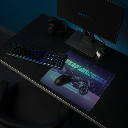 Ducati Panigale V4S Inspired Teal Purple Vaporwave Gaming Mouse Pad – Neon Grid Garage Desk Mat, Retro Futuristic Superbike Digital Art