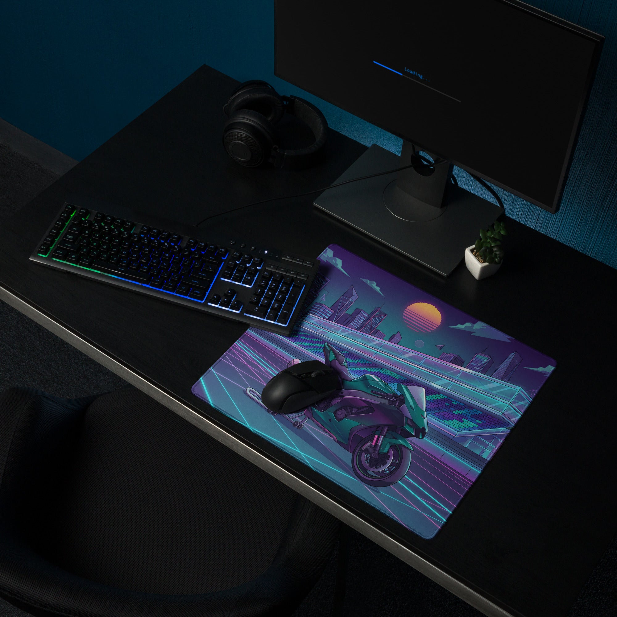 Kawasaki Ninja ZX-10R Inspired Teal Purple Vaporwave Gaming Mouse Pad – Neon Racetrack Desk Mat, Retro Futuristic Superbike Digital Art