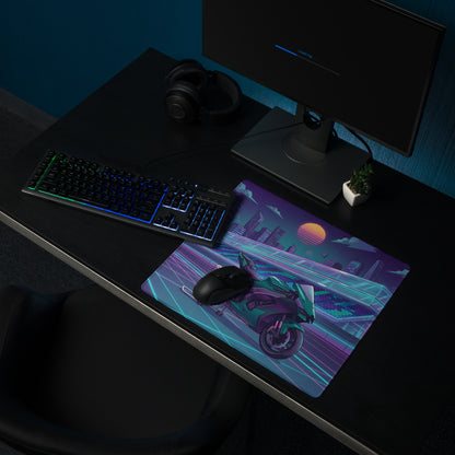 Kawasaki Ninja ZX-10R Inspired Teal Purple Vaporwave Gaming Mouse Pad – Neon Racetrack Desk Mat, Retro Futuristic Superbike Digital Art