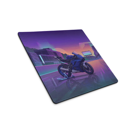 Yamaha R6 Inspired Blue Purple Vaporwave Gaming Mouse Pad – Neon Cyber City Racetrack Desk Mat, Retro Futuristic Superbike Digital Art