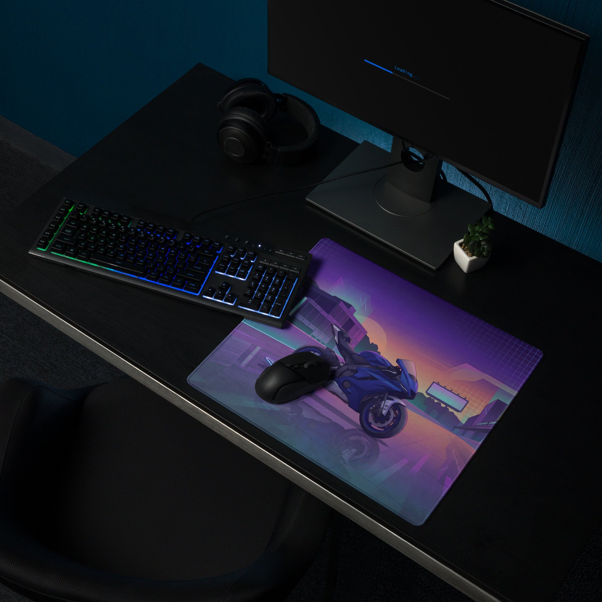 Yamaha R6 Inspired Blue Purple Vaporwave Gaming Mouse Pad – Neon Cyber City Racetrack Desk Mat, Retro Futuristic Superbike Digital Art
