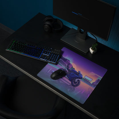 Yamaha R6 Inspired Blue Purple Vaporwave Gaming Mouse Pad – Neon Cyber City Racetrack Desk Mat, Retro Futuristic Superbike Digital Art