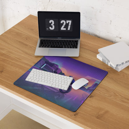 Yamaha R6 Inspired Blue Purple Vaporwave Gaming Mouse Pad – Neon Cyber City Racetrack Desk Mat, Retro Futuristic Superbike Digital Art
