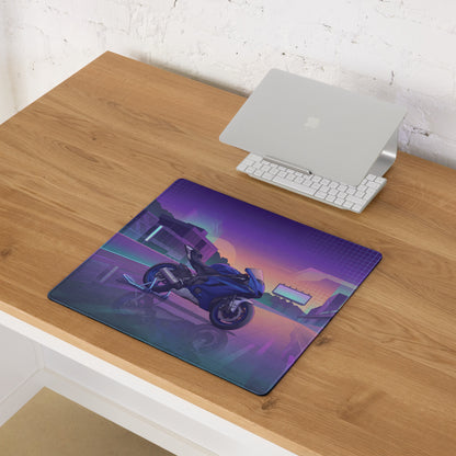 Yamaha R6 Inspired Blue Purple Vaporwave Gaming Mouse Pad – Neon Cyber City Racetrack Desk Mat, Retro Futuristic Superbike Digital Art