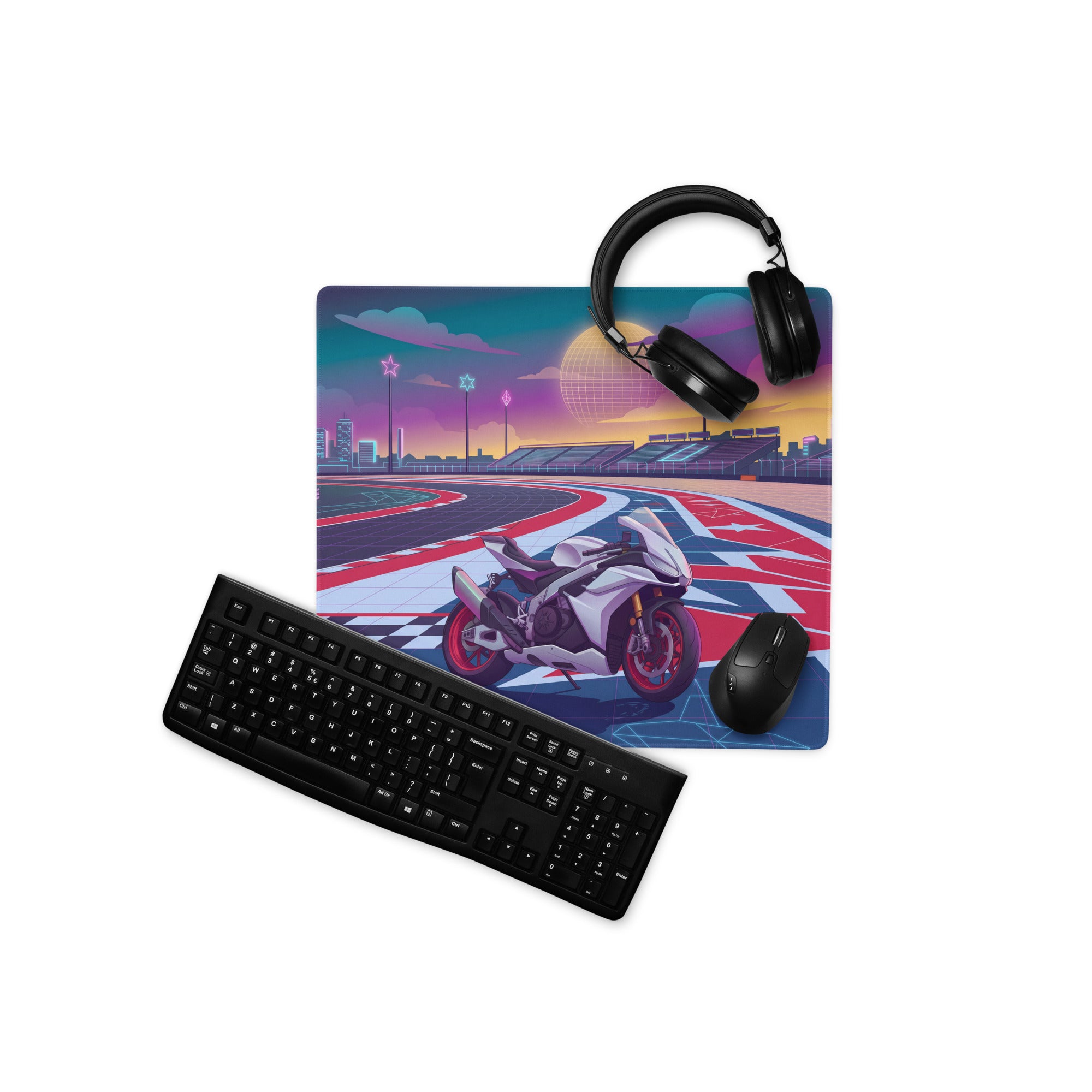 Aprilia RSV4 Factory Inspired White Red Vaporwave Gaming Mouse Pad – Neon Union Jack Racetrack Desk Mat, Retro Futuristic Superbike Digital Art
