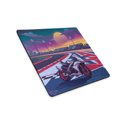 Aprilia RSV4 Factory Inspired White Red Vaporwave Gaming Mouse Pad – Neon Union Jack Racetrack Desk Mat, Retro Futuristic Superbike Digital Art